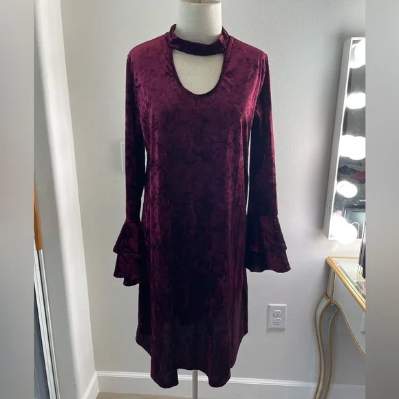 Sweet Pea | Dresses | Sweet Pea Burgundy Crushed Velvet Cutout Dress Bell  Sleeves S L | Poshmark